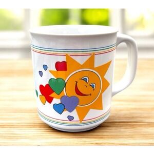 Vintage Sunshine Hearts Rainbow Mug 90's Giftco Bright Colorful Celestial Coffee